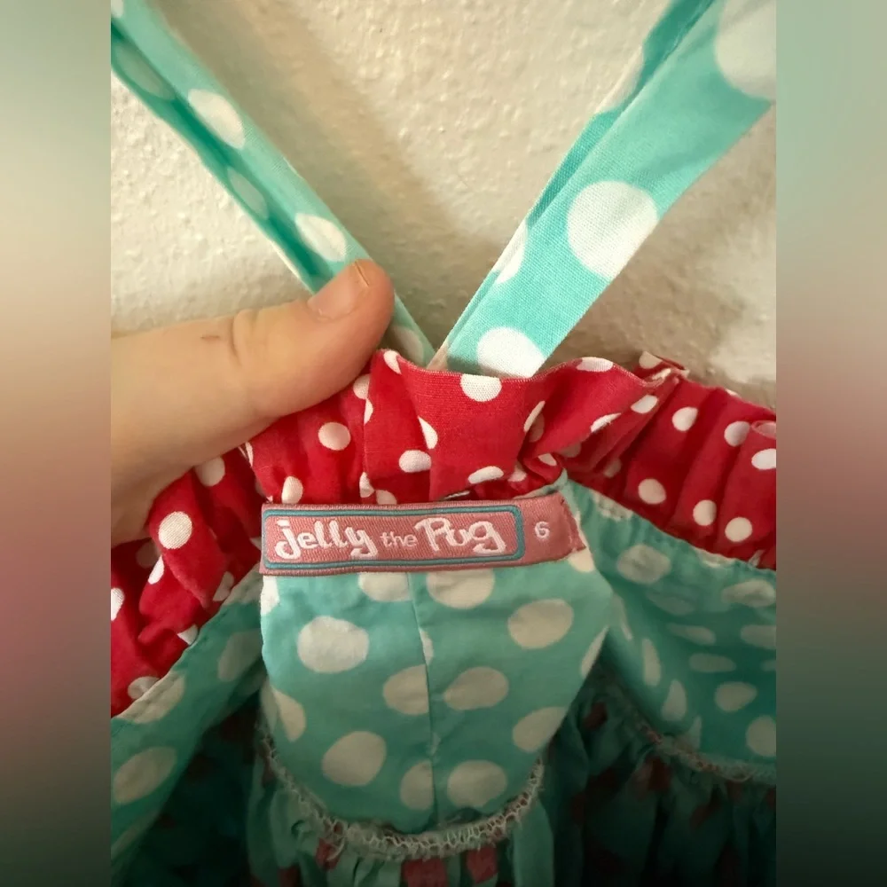 Jelly the Pug Polka Dot Sassy Dress 6 Floral Polka Dot Print Aqua Red